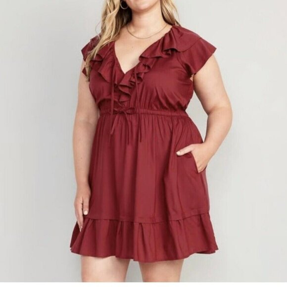 Old Navy Waist-Defined Red Wine Short Sleeve V Neck Ruffled Mini Dress 2X NWT - Picture 1 of 11